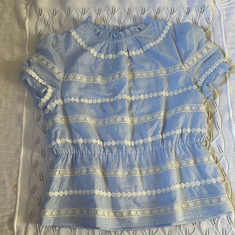 J. Crew Blue and White Puff Sleeve Blouse with Peter Pan Collar